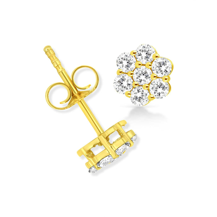 Aretes de botón de racimo floral con cierres de presión y diamantes redondos de 1/2 ct. p.t. en oro amarillo de 14K, foto 4
