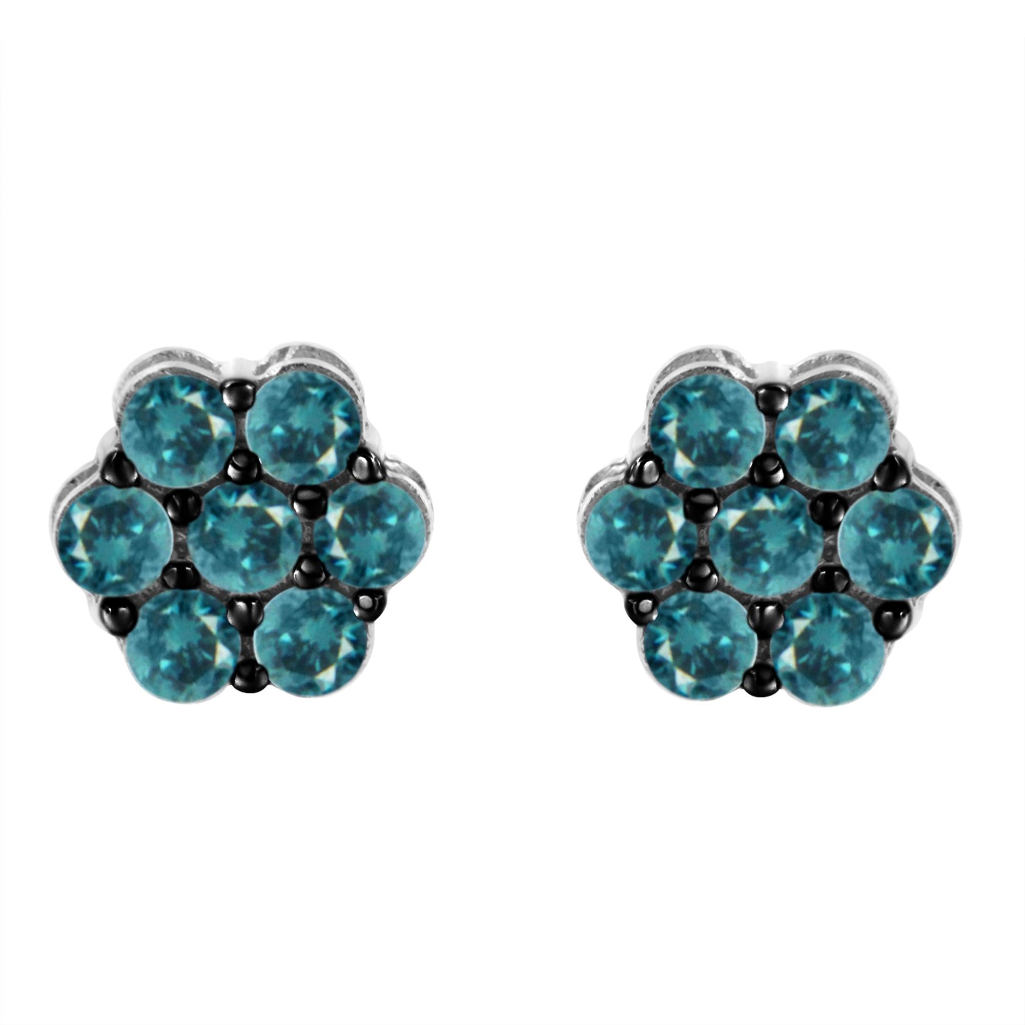 1 Ct. T.W. Treated Blue Diamond Floral Stud Earrings in Sterling Silver, photo 1