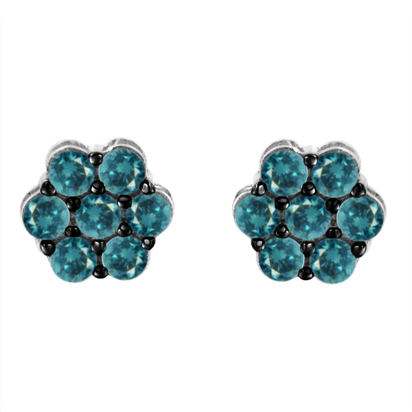 Aretes de botón florales con diamantes azules tratados de 1 ct. p.t. en plata de ley, foto 1