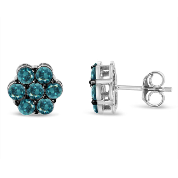 Aretes de botón florales con diamantes azules tratados de 1 ct. p.t. en plata de ley, foto 2