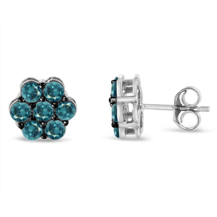 1 Ct. T.W. Treated Blue Diamond Floral Stud Earrings in Sterling Silver, photo 2