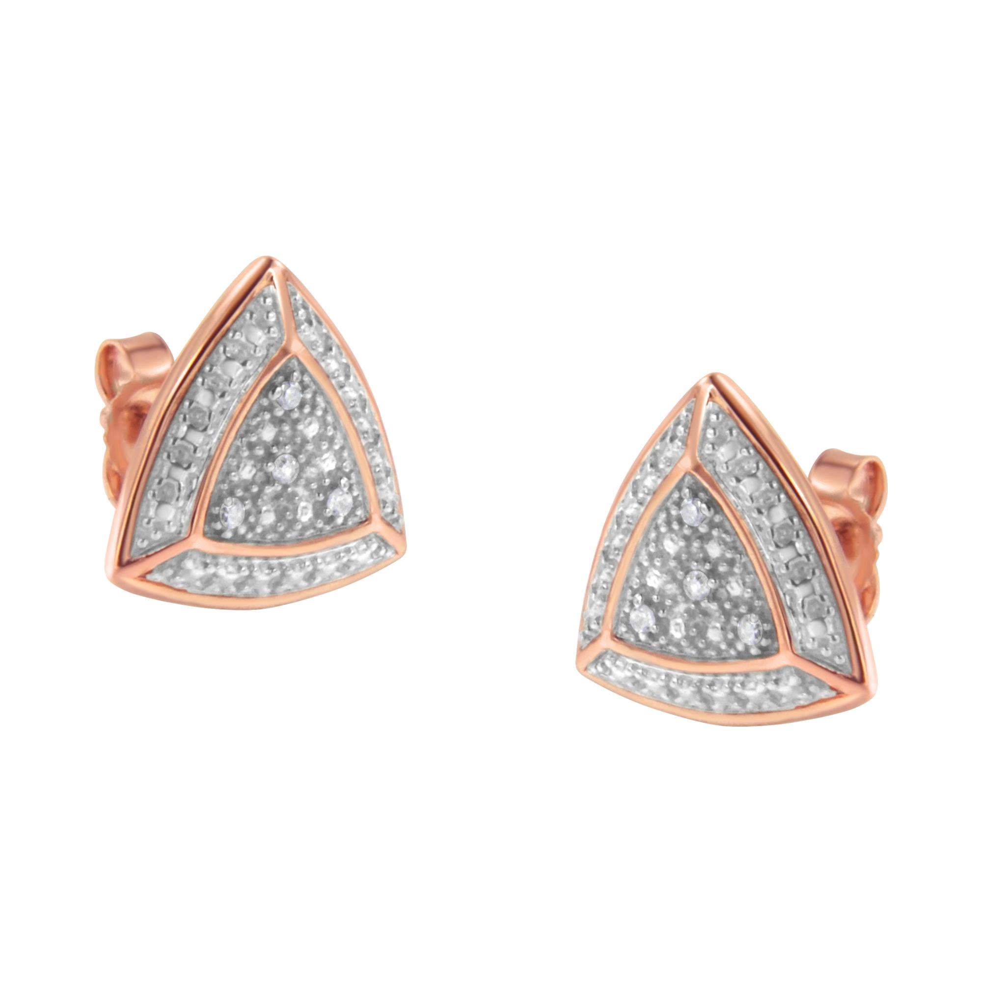 Aretes de botón estilo halo de 4 piedras en forma de trillón con detalles de diamante en oro rosa de 14K sobre plata, foto 1