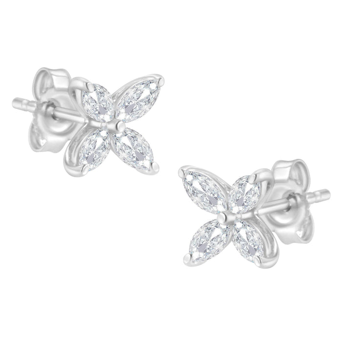Aretes de botón de hoja floral de 8 piedras con diamantes talla marquesa en oro de 14K, foto 3