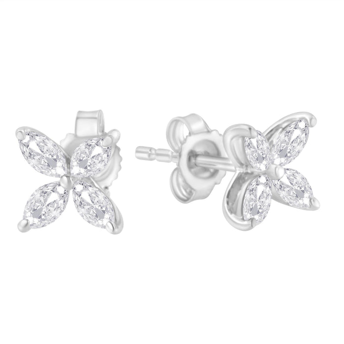 Aretes de botón de hoja floral de 8 piedras con diamantes talla marquesa en oro de 14K, foto 6
