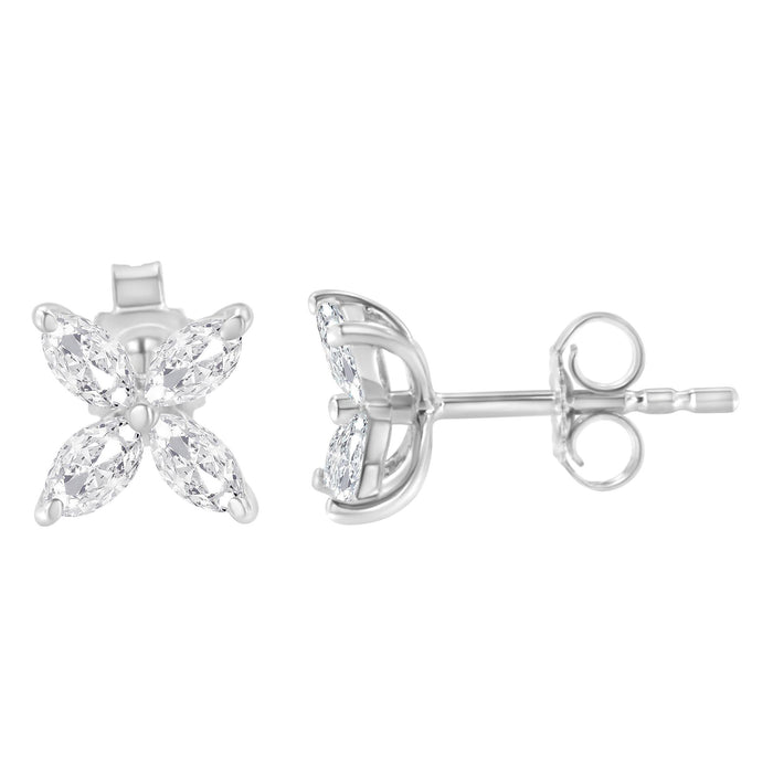 Aretes de botón de hoja floral de 8 piedras con diamantes talla marquesa en oro de 14K, foto 12