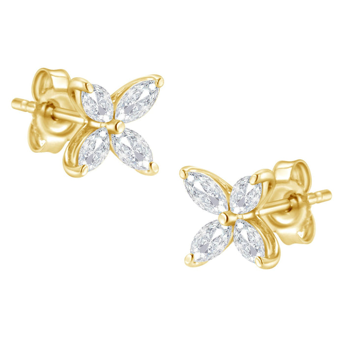 Aretes de botón de hoja floral de 8 piedras con diamantes talla marquesa en oro de 14K, foto 2