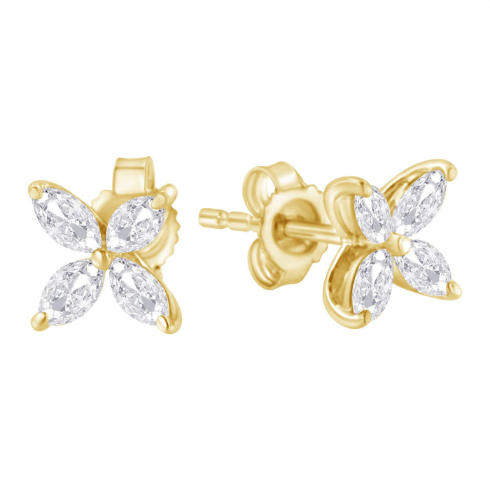 Aretes de botón de hoja floral de 8 piedras con diamantes talla marquesa en oro de 14K, foto 5