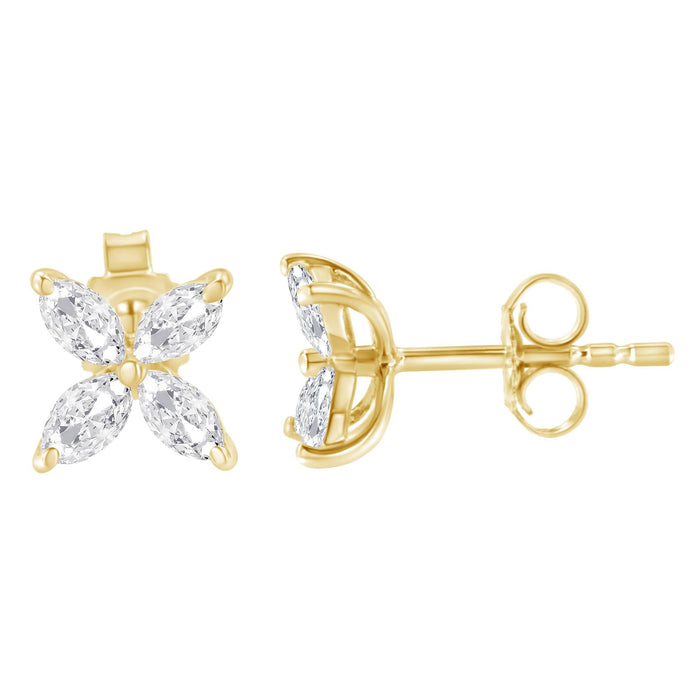 Aretes de botón de hoja floral de 8 piedras con diamantes talla marquesa en oro de 14K, foto 11
