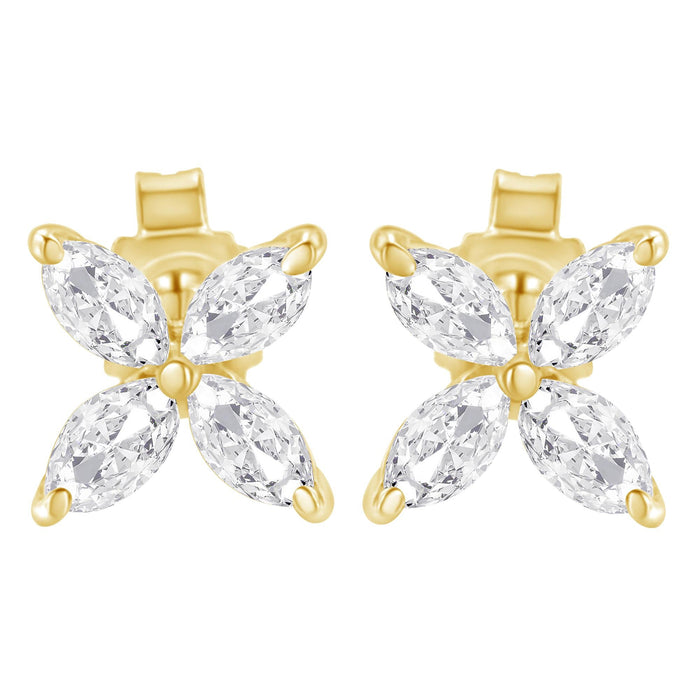 Aretes de botón de hoja floral de 8 piedras con diamantes talla marquesa en oro de 14K, foto 13