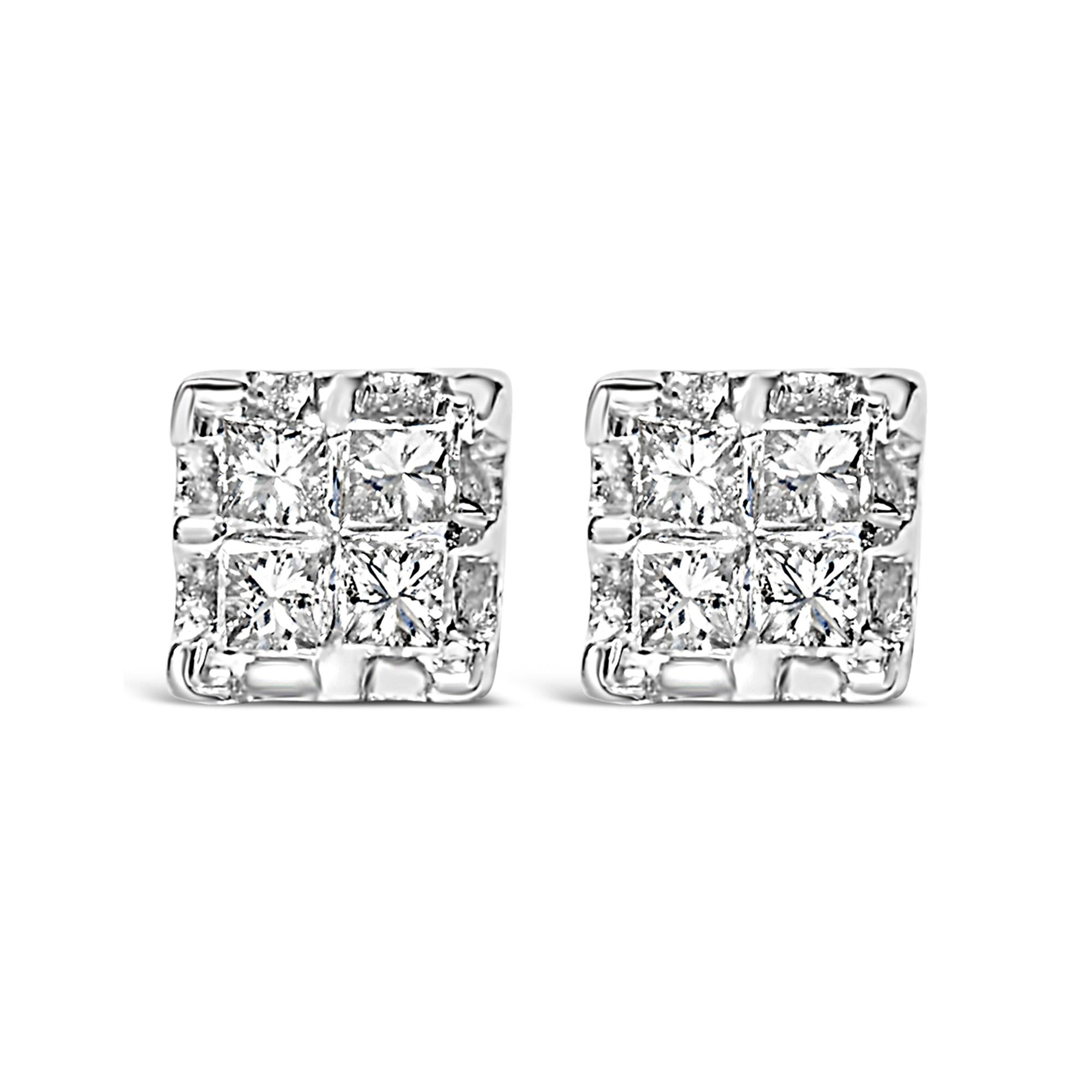 Aretes de botón cuádruples con diamantes talla princesa de 1/4 ct. p.t. en oro amarillo de 10K, foto 1