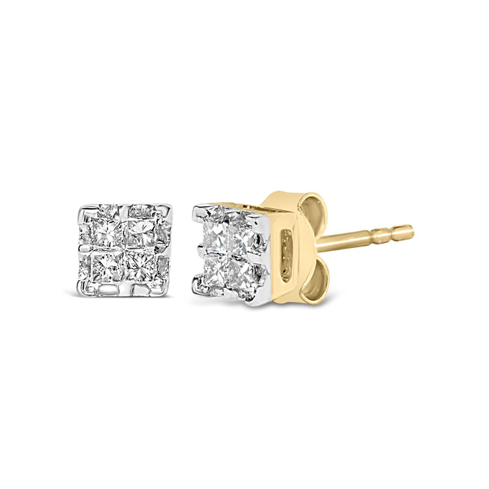 Aretes de botón cuádruples con diamantes talla princesa de 1/4 ct. p.t. en oro amarillo de 10K, foto 2