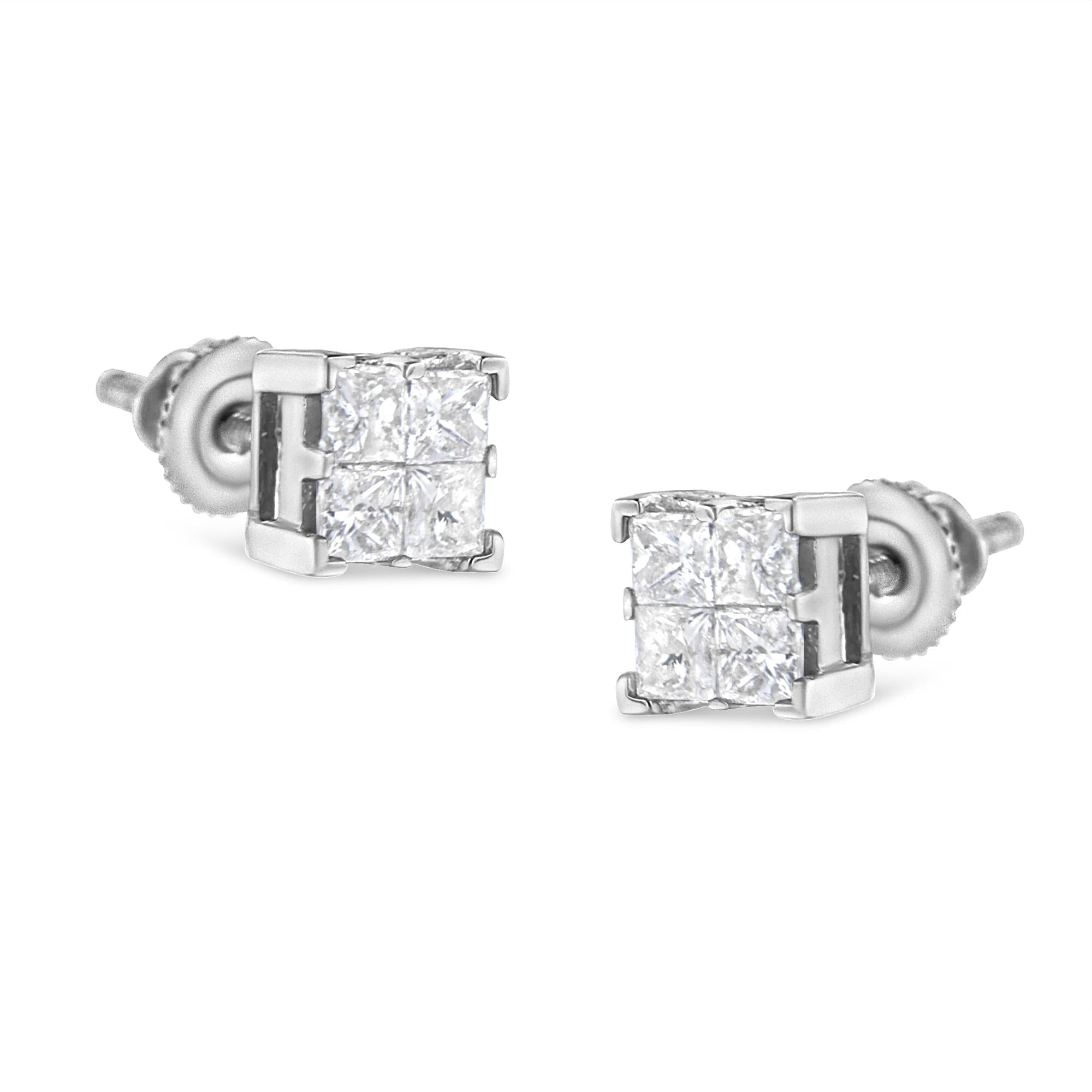 Aretes de botón cuadrados de racimo con engaste invisible y diamantes de 3/4 ct. p.t. en oro blanco de 10K, foto 1