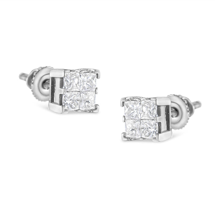 Aretes de botón cuadrados de racimo con engaste invisible y diamantes de 3/4 ct. p.t. en oro blanco de 10K, foto 1