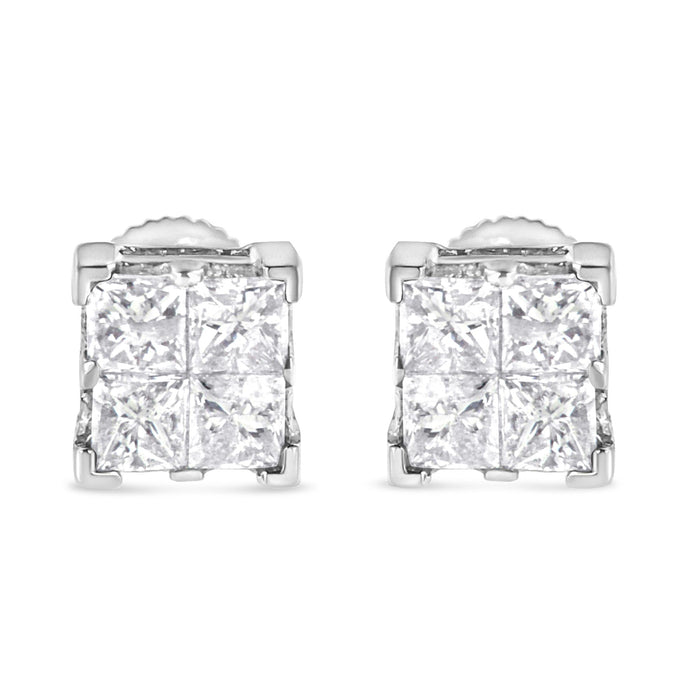 Aretes de botón cuadrados de racimo con engaste invisible y diamantes de 3/4 ct. p.t. en oro blanco de 10K, foto 4