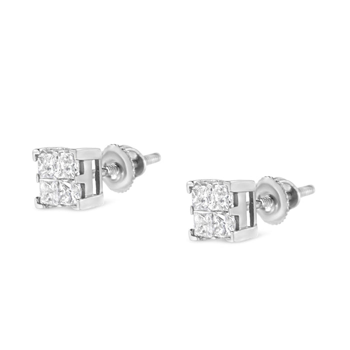Aretes de botón cuadrados de racimo con engaste invisible y diamantes de 3/4 ct. p.t. en oro blanco de 10K, foto 5