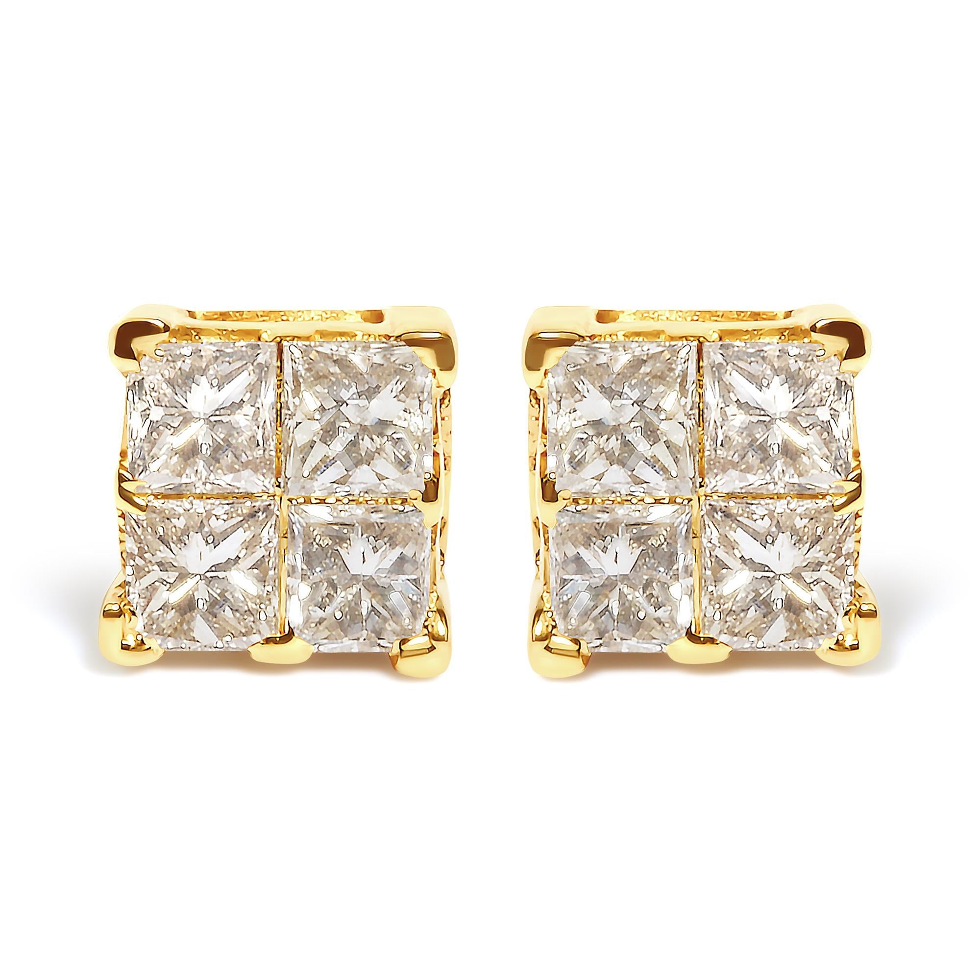 Aretes de botón cuadrados de racimo con engaste invisible y diamantes de 3/4 ct. p.t. en oro amarillo de 10K, foto 1