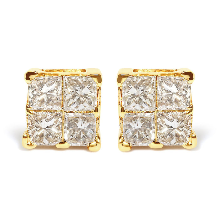 Aretes de botón cuadrados de racimo con engaste invisible y diamantes de 3/4 ct. p.t. en oro amarillo de 10K, foto 1