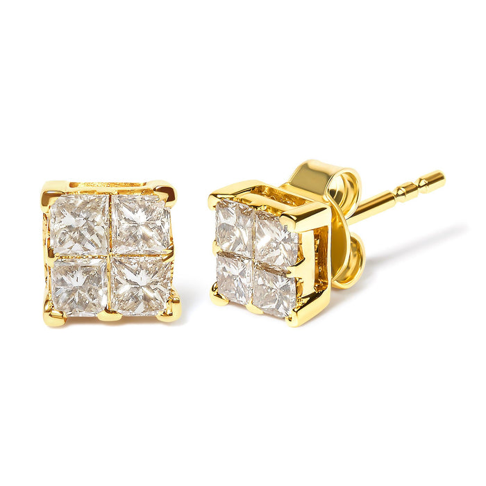 Aretes de botón cuadrados de racimo con engaste invisible y diamantes de 3/4 ct. p.t. en oro amarillo de 10K, foto 2