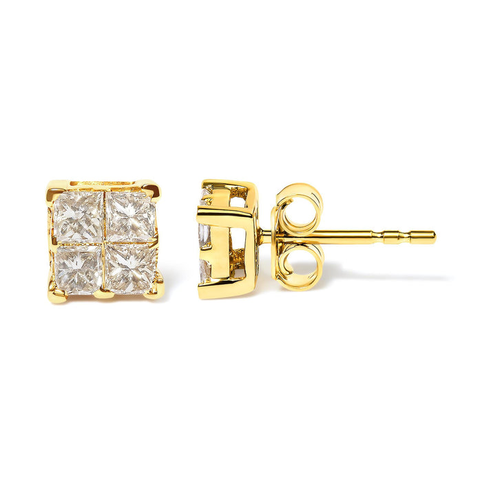 Aretes de botón cuadrados de racimo con engaste invisible y diamantes de 3/4 ct. p.t. en oro amarillo de 10K, foto 4