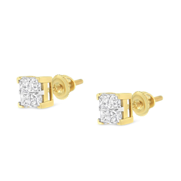 Aretes de botón cuadrados de racimo con engaste invisible y diamantes de 3/4 ct. p.t. en oro amarillo de 10K, foto 5