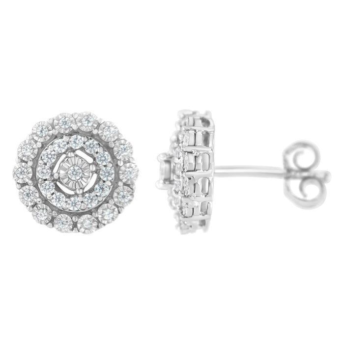 Aretes de botón de doble halo con diamantes redondos talla brillante de 1/2 ct. p.t. en oro blanco de 10K, foto 2