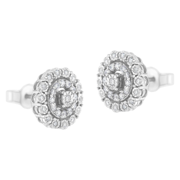 Aretes de botón de doble halo con diamantes redondos talla brillante de 1/2 ct. p.t. en oro blanco de 10K, foto 4