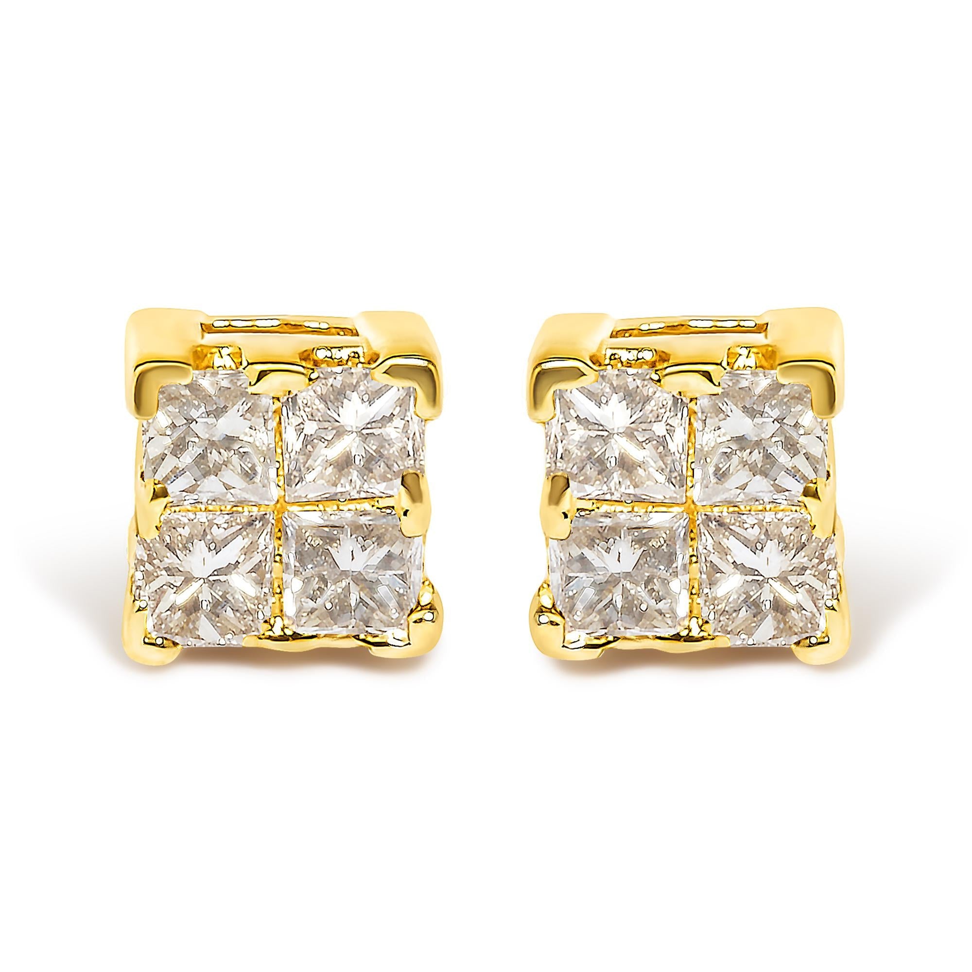 Aretes de botón con diamantes talla princesa de 1/4 ct. p.t. en oro de 10K, foto 2