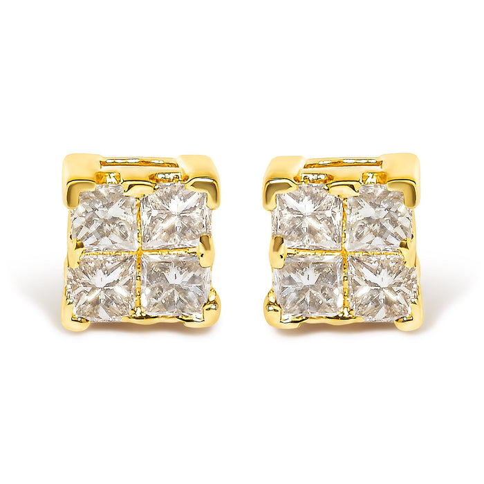 Aretes de botón con diamantes talla princesa de 1/4 ct. p.t. en oro de 10K, foto 2