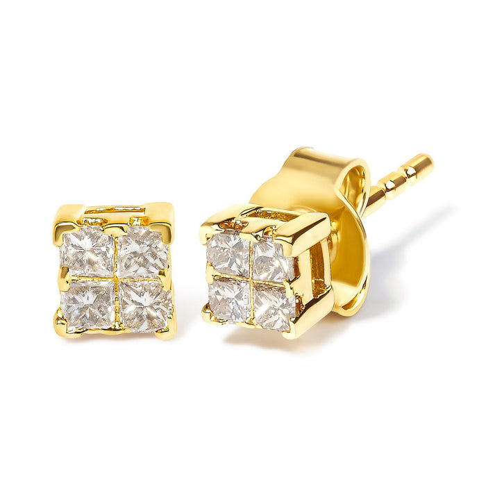 Aretes de botón con diamantes talla princesa de 1/4 ct. p.t. en oro de 10K, foto 4