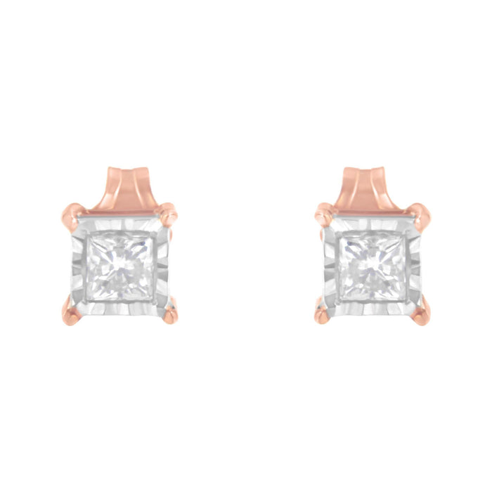 Aretes de diamantes casi incoloros talla princesa de 1/2 ct. p.t. en plata de ley de dos tonos bañada en oro rosa de 14K, foto 4
