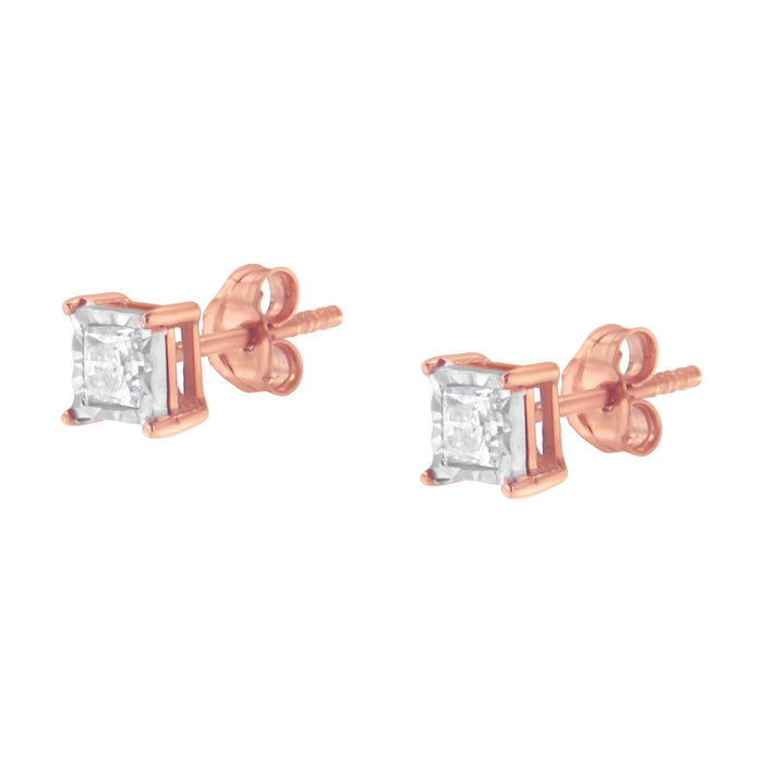Aretes de diamantes casi incoloros talla princesa de 1/2 ct. p.t. en plata de ley de dos tonos bañada en oro rosa de 14K, foto 5
