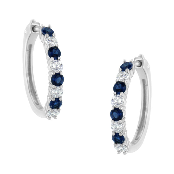 1/2 Ct. T.W. 2.5mm Sapphire Gemstone and Diamond Hoop Earrings in 10K White Gold, photo 2