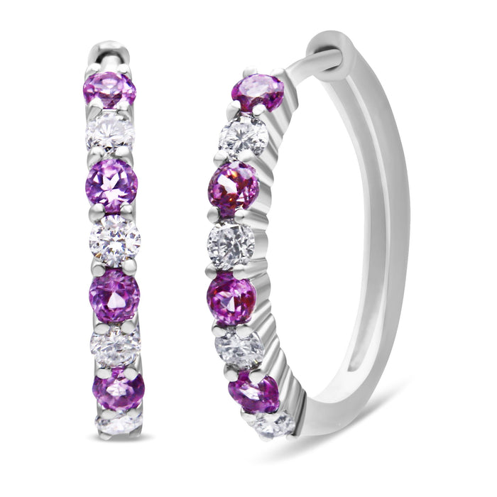 Aretes de aro con zafiro de 2.5 mm y diamantes de 1/2 ct. p.t. en oro blanco de 10K, foto 1