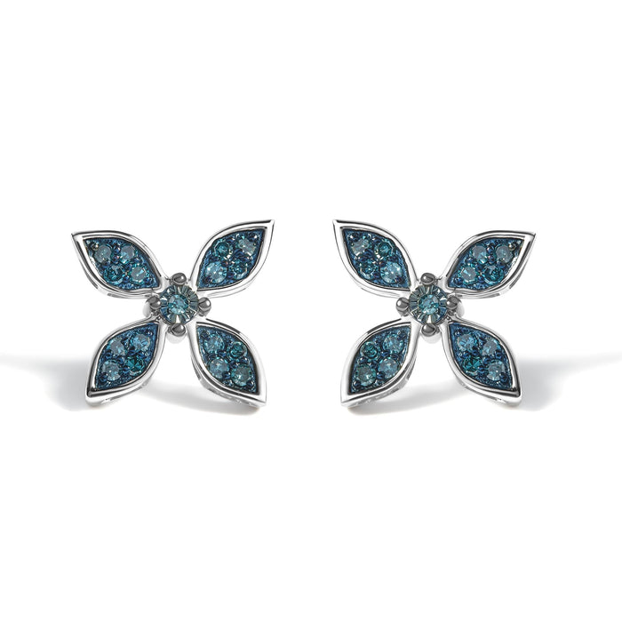 Aretes florales con diamantes azules de 1/3 ct. p.t. en plata de ley, foto 1
