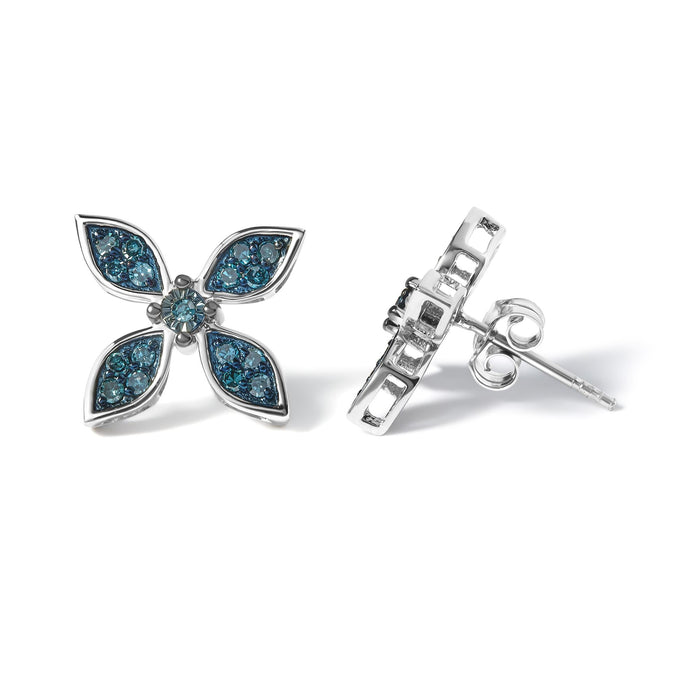 Aretes florales con diamantes azules de 1/3 ct. p.t. en plata de ley, foto 4