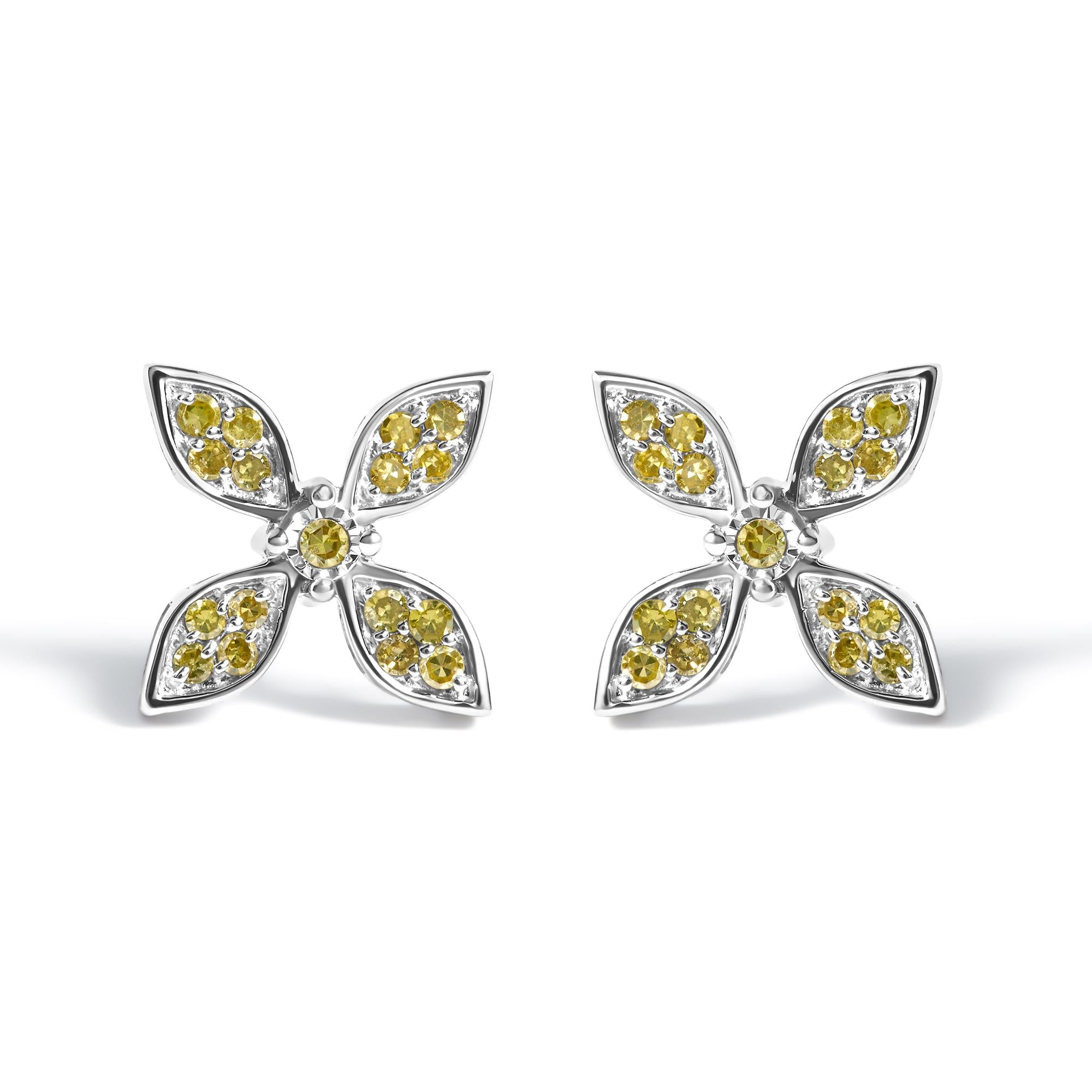 Yellow Treated Diamond Accent Floral Stud Earrings in Sterling Silver, photo 1