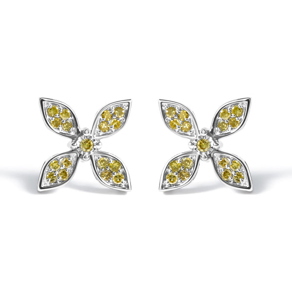 Yellow Treated Diamond Accent Floral Stud Earrings in Sterling Silver, photo 1