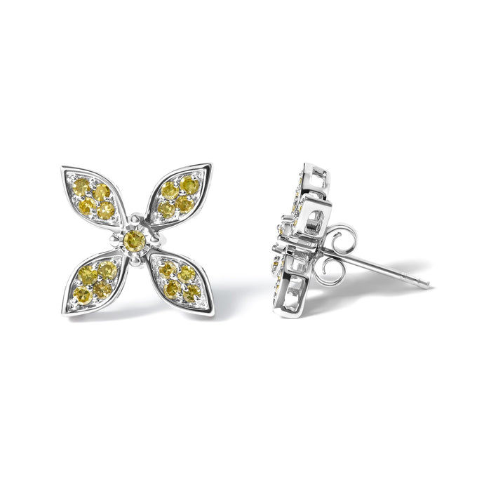Yellow Treated Diamond Accent Floral Stud Earrings in Sterling Silver, photo 4