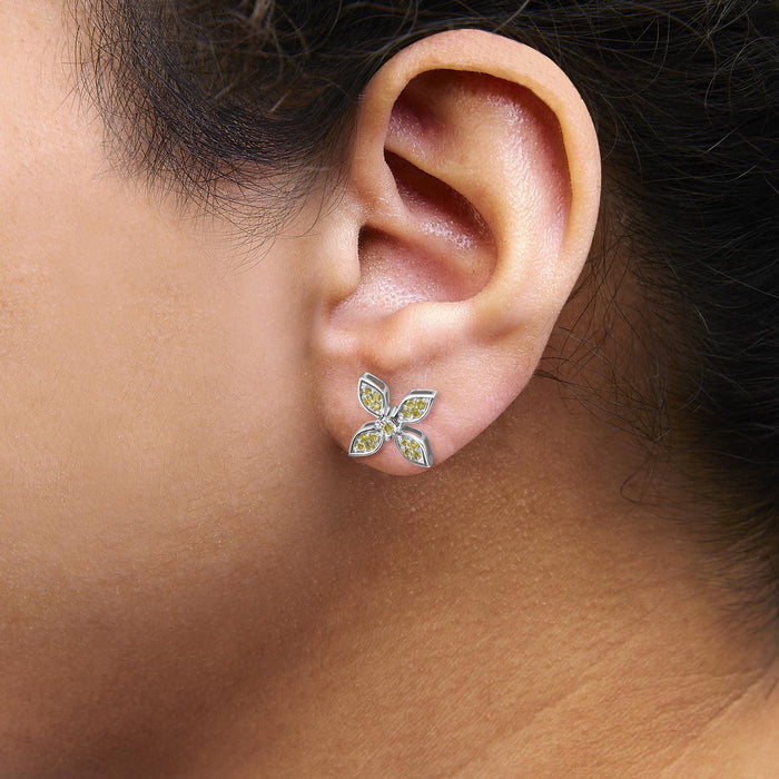 Yellow Treated Diamond Accent Floral Stud Earrings in Sterling Silver, photo 3