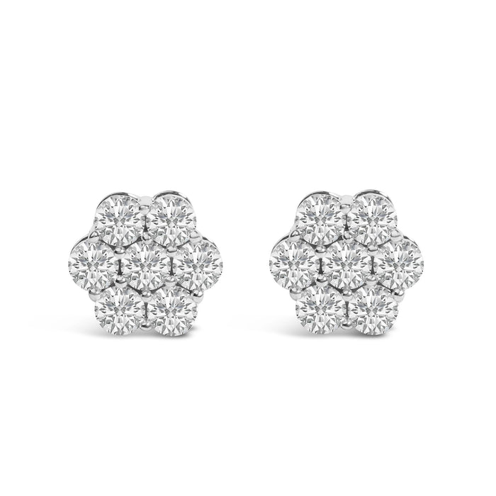 Aretes de botón de racimo floral con 7 diamantes de 0.75 a 1.01 ct. p.t. y cierres de rosca en oro blanco de 14K, foto 2