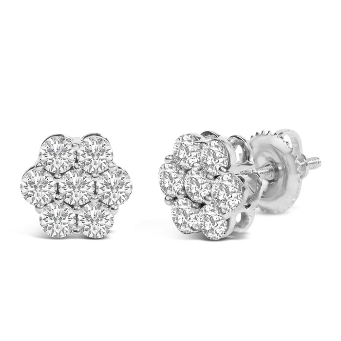 Aretes de botón de racimo floral con 7 diamantes de 0.75 a 1.01 ct. p.t. y cierres de rosca en oro blanco de 14K, foto 4