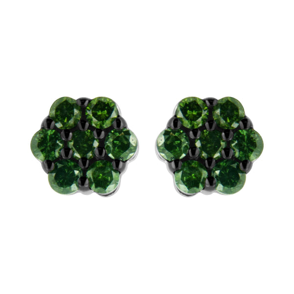 Aretes de botón de racimo floral de garras con diamantes de color tratados de talla redonda en plata de ley, foto 2