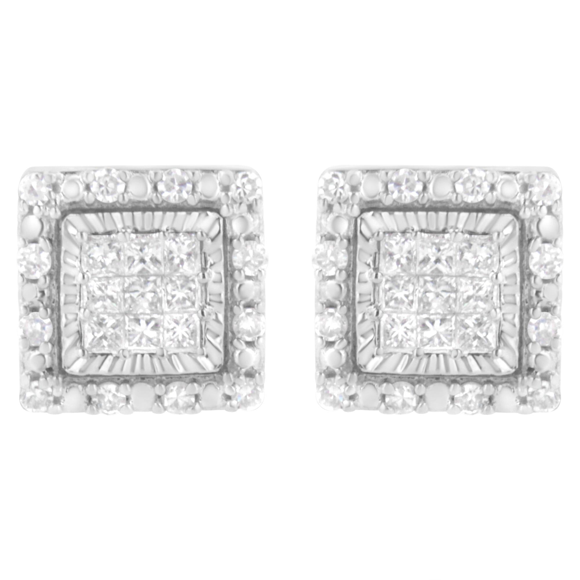 Aretes de botón cuadrados con engaste invisible y diamantes talla princesa de 1/2 ct. p.t. en oro blanco de 10K, foto 1