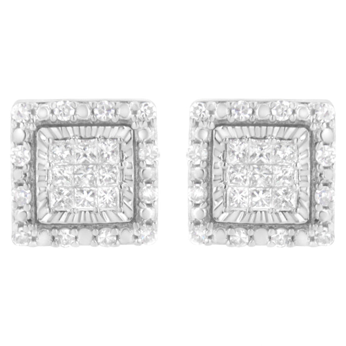 Aretes de botón cuadrados con engaste invisible y diamantes talla princesa de 1/2 ct. p.t. en oro blanco de 10K, foto 1