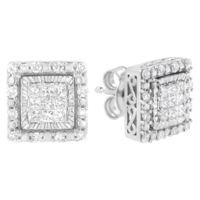 Aretes de botón cuadrados con engaste invisible y diamantes talla princesa de 1/2 ct. p.t. en oro blanco de 10K, foto 2