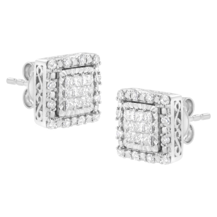 Aretes de botón cuadrados con engaste invisible y diamantes talla princesa de 1/2 ct. p.t. en oro blanco de 10K, foto 5