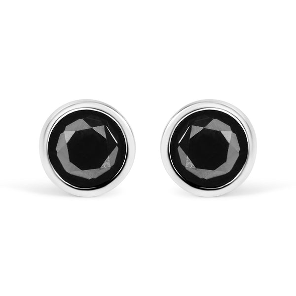 Round Brilliant-Cut Treated Black Diamond Bezel-Set Stud Earrings with Screw Backs in 14K White Gold, photo 1