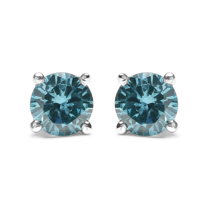 Aretes de botón clásicos de 4 garras con cierre de rosca y diamantes azul aqua tratados de 1/2 ct. p.t. en oro de 14K, foto 2