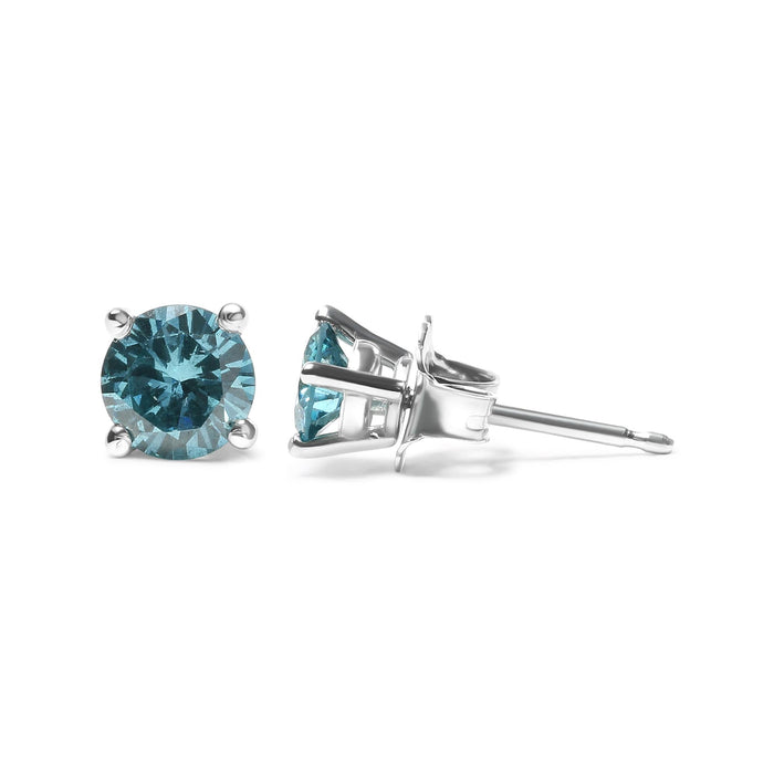 Aretes de botón clásicos de 4 garras con cierre de rosca y diamantes azul aqua tratados de 1/2 ct. p.t. en oro de 14K, foto 8