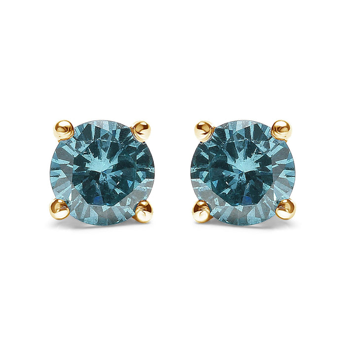 Aretes de botón clásicos de 4 garras con cierre de rosca y diamantes azul aqua tratados de 1/2 ct. p.t. en oro de 14K, foto 1